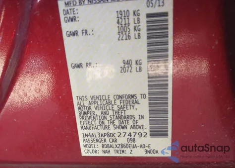 2013 Nissan Altima 2.5 Sl from USA, damaged, VIN 1N4AL3AP8DC274792